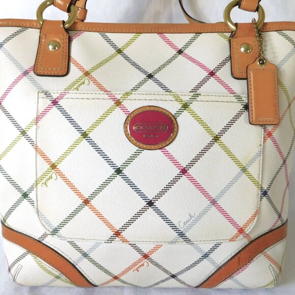 Large Coach Ivory Multi-Colored Striped Natural Hide Leather Tote handbag Purse - Picture 3 of 14